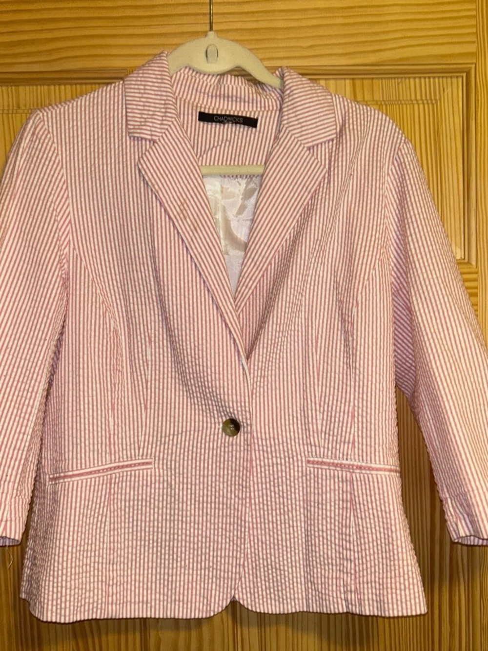Chadwicks Pink & White Seersucker Blazer - Single-Button Women’s Jacket